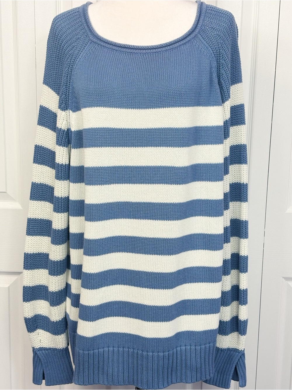 Aerie Blue & White Stripe Print Cotton Relaxed Fit Bistro Sweater Large